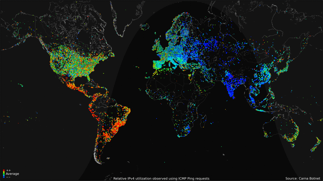 Mapa Internetu vytvorená botnetom Carna, zdroj: Darknet Diaries