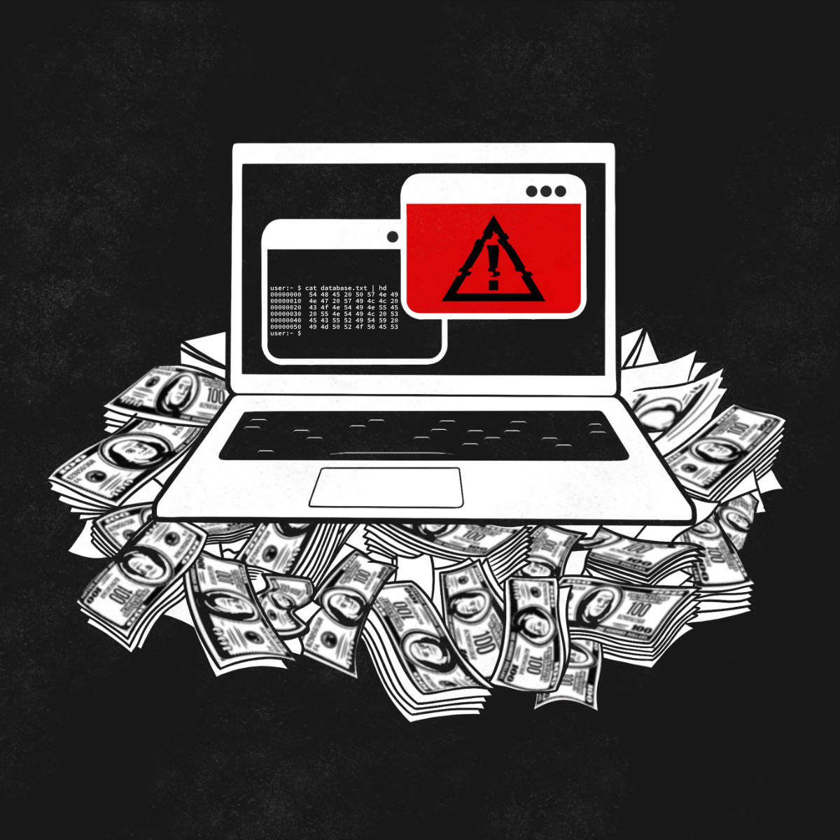 Laptop sitting on a pile of cash