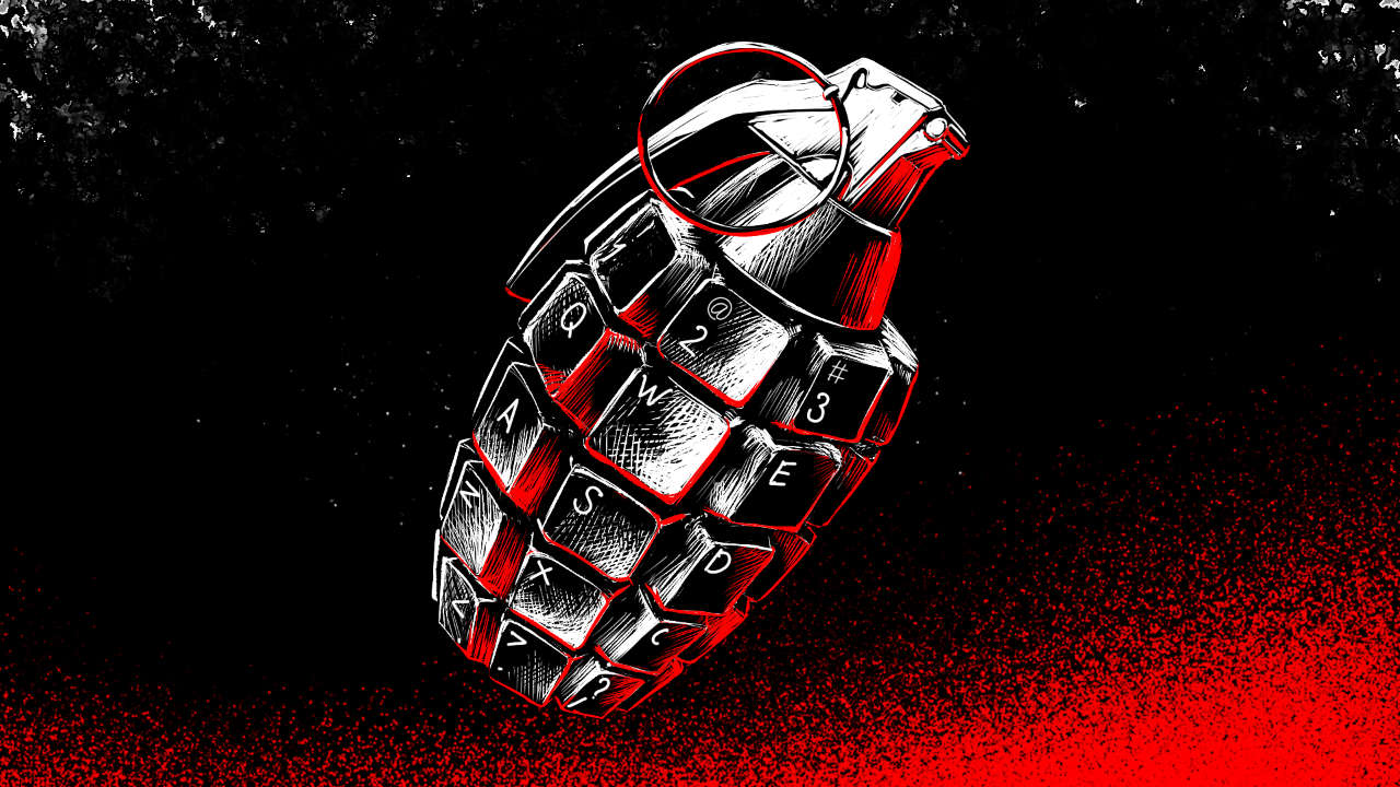 A hand grenade with keyboard keys on it.