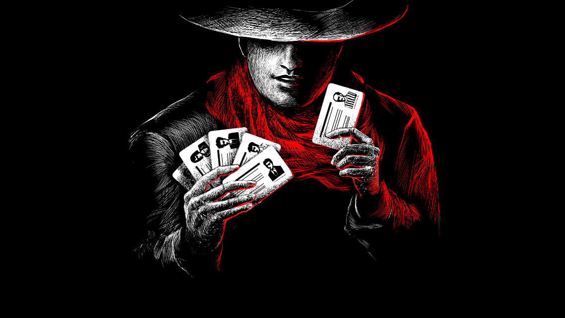 A shadowy man holding up IDs.