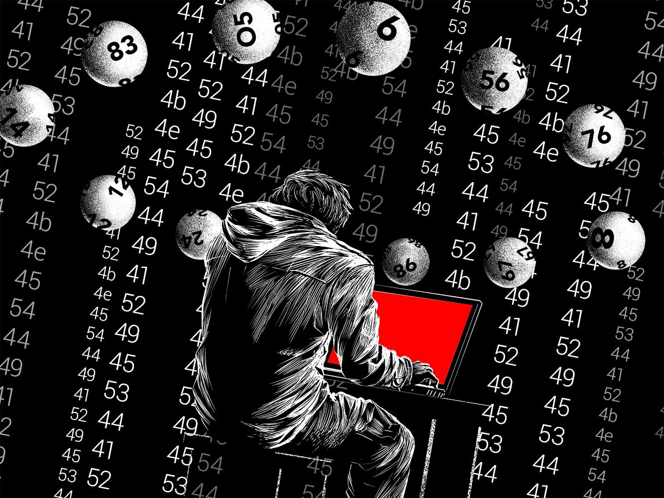 Lottery balls flying around a person on a computer.