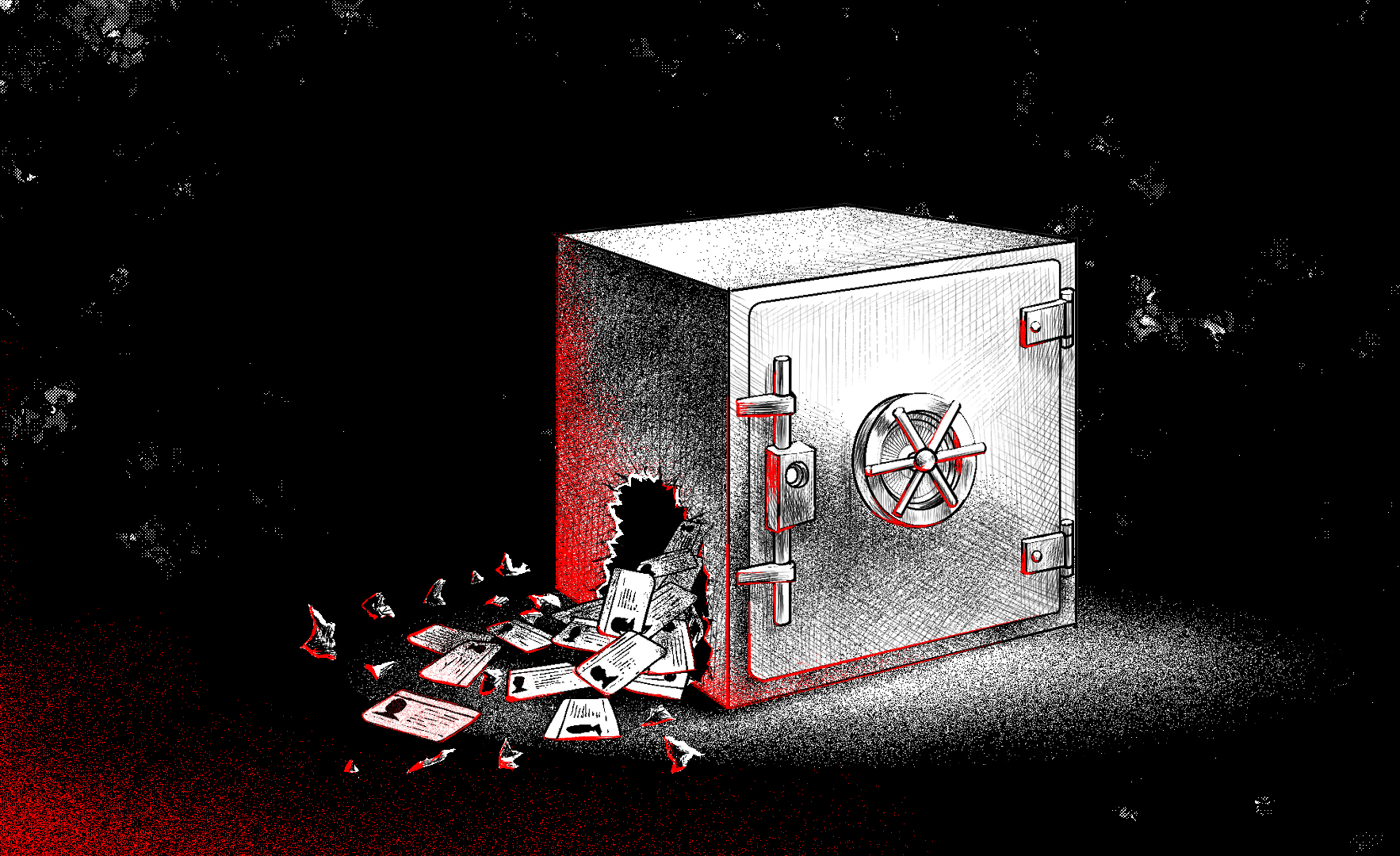 A vault that's been broken into with ID cards spilling out on the side.