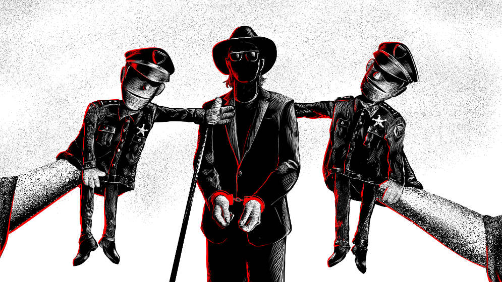 A shadowy man arrested by puppets.