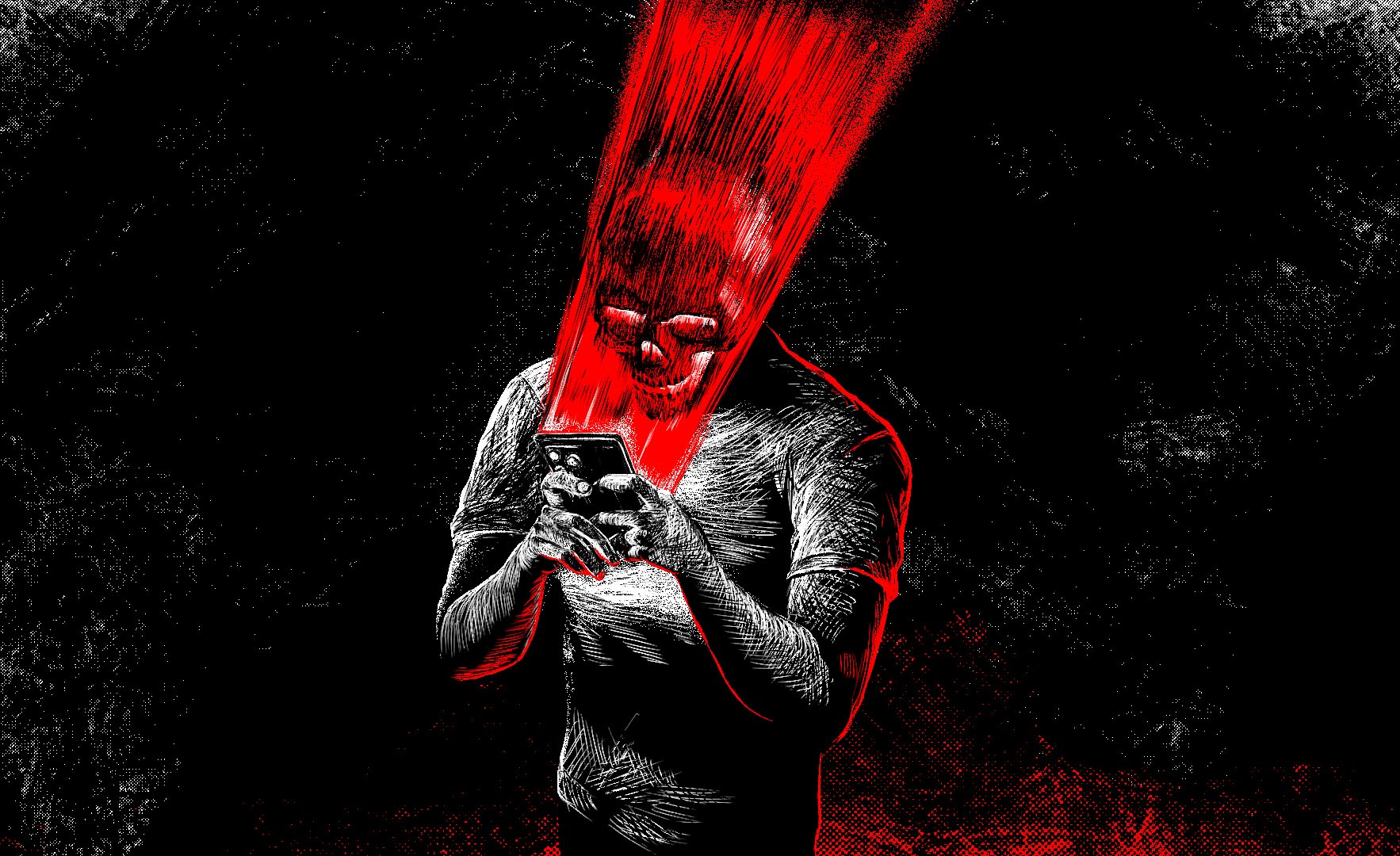 A person holding a phone in their hands, the phone's screen is blasting a harsh light in their face that reveals a skull like a blast of radiation.